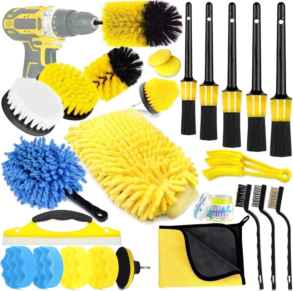 Kit Nettoyage Voiture Complet Brosse Perceuse Pads Polissage Chiffons Microfibre - Photo 1/4