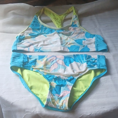 Girls S 2-Piece Bikini Swim Set Bralette Top Floral Blue Yellow Tropical