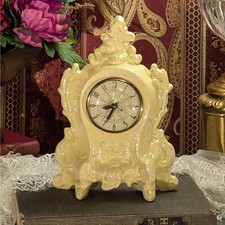 Pastel Yellow Iridescent Rococo Style Vintage Ceramic Electric Mantle Clock