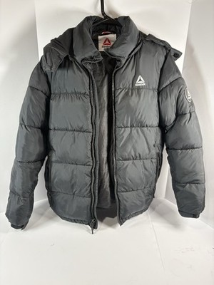 Reebok Mens Large Black Hooded Puffer Jacket Full Zip Winter Coat Insulated
