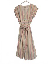 LOFT Petite 4P Multicolor Seersucker Striped Button-Front Midi Dress with Belt
