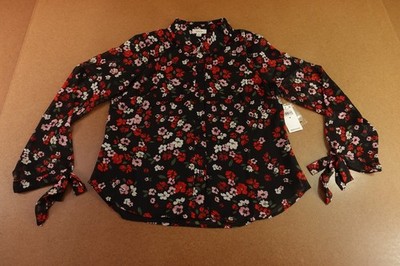 CeCe Womens Medium Rich Black Floral Long Sleeve Collared Button-Up Shirt NWT