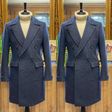 Double Breasted Men's Long Overcoat Navy Casual Jacket Cashmere Outdoor Coat