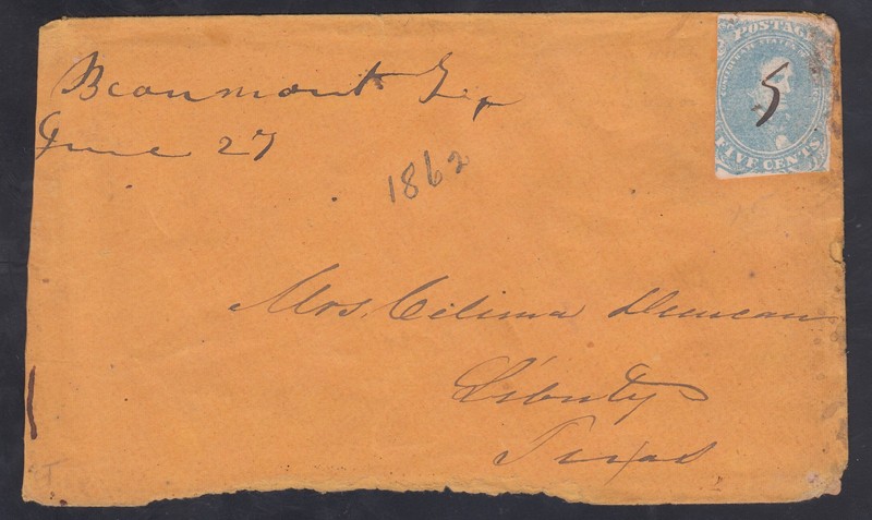 CSA Stamp #4b on Cover from Beaumont, TX to Liberty, TX; Scarce Usage! CV $350