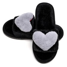 Women's LOVE Slippers Fuzzy Fluffy Memory Foam House Shoes Open 6-7 01/Grey