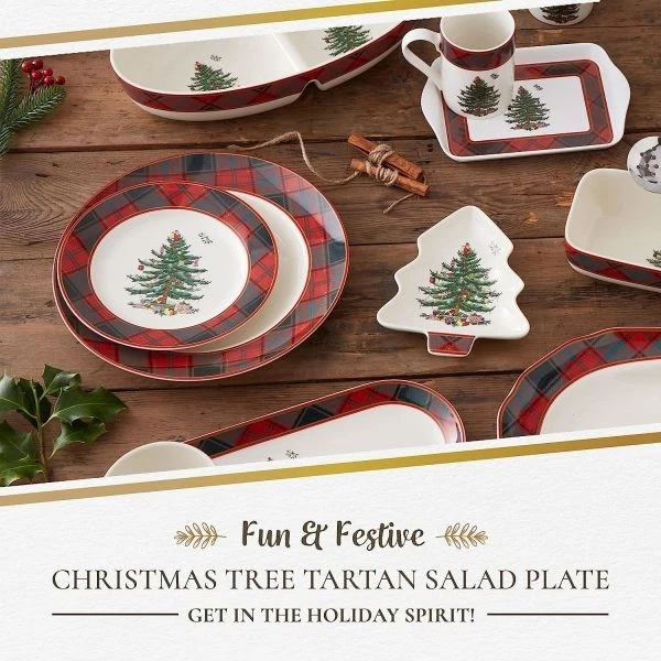 Spode Christmas Tree Tartan 7.75" Salad Plate, Set of 4 -Dishwasher Safe - Image 2 of 4