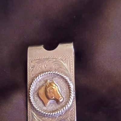 Vtg Fleming Sterling Silver Horsehead Western Hand Engraved Money Clip