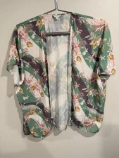 Davi&Dani Kimono Top Womens Small Green Tropical Leaf Print Open Front Knot Hem
