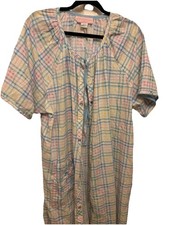 VTG Pastel Seersucker Plaid Pearl Snap House Coat Robe 3X Embroidered Grannycore