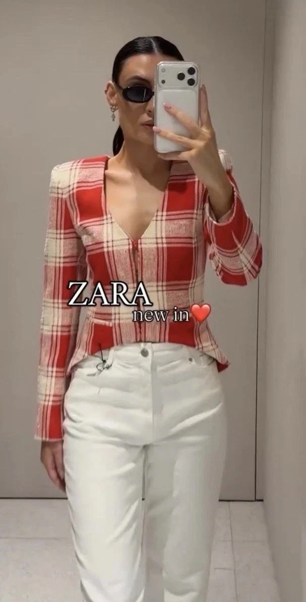Zara Blazer Jacke Weiß Rot Kariert Fitted Peplum Damen S 2784/381 RRP £89