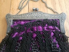 Antique German Silver Metal Purse Frame Art Nouveau Pinch Clasp Black Crochet