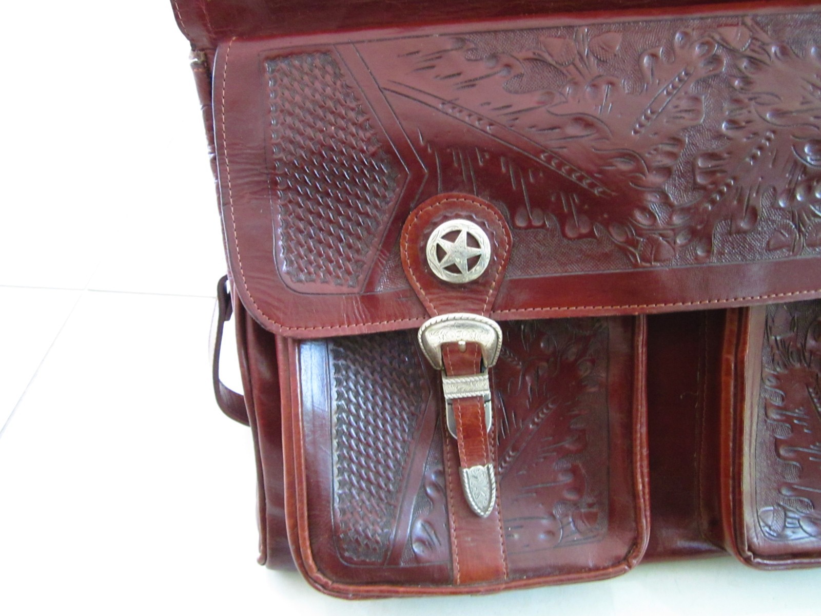 American West TRAVEL Bag VINTAGE Tooled Leather Studded w Buckle & Clip Pouch image 2