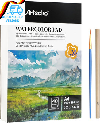 Artecho Aquarellpapier A4 300G 40 Blatt Mit Aquarellpinsel Und Bleistift, Weiß A