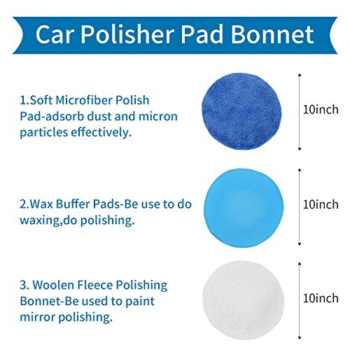 URLWALL 10PCS 9-10 Inch Polisher Pad Bonnet Set - Microfiber & Wool Fleece Buffing Pads For Car Waxing Machine