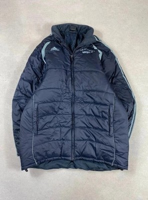 Adidas Vintage 00s Daunenjacke halblang 3 Streifen Logo bestickt Farbe blau Größe L