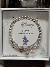 Disney I Love Minnie Mouse 3 charms Silver Plate Bracelet Flexible
