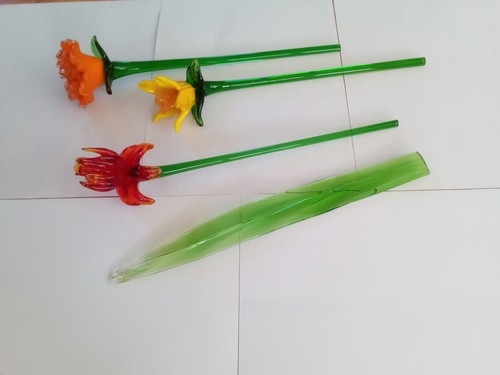 3 Art Glass Hand Blown Long Stem Flowers 12” Marigold?, Daffodil?, Iris? READ