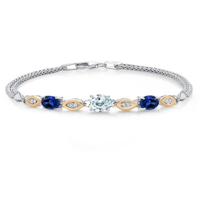 925 Silver and 10K Yellow Gold Aquamarine and Created Sapphire and White Lab