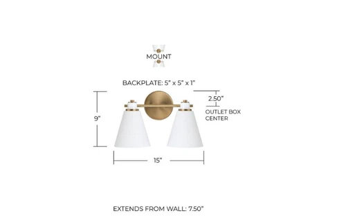 Capital Lighting Bradley 15x9in 2-Light Aged Brass Vanity White Metal Shade Wht - Picture 5 of 6