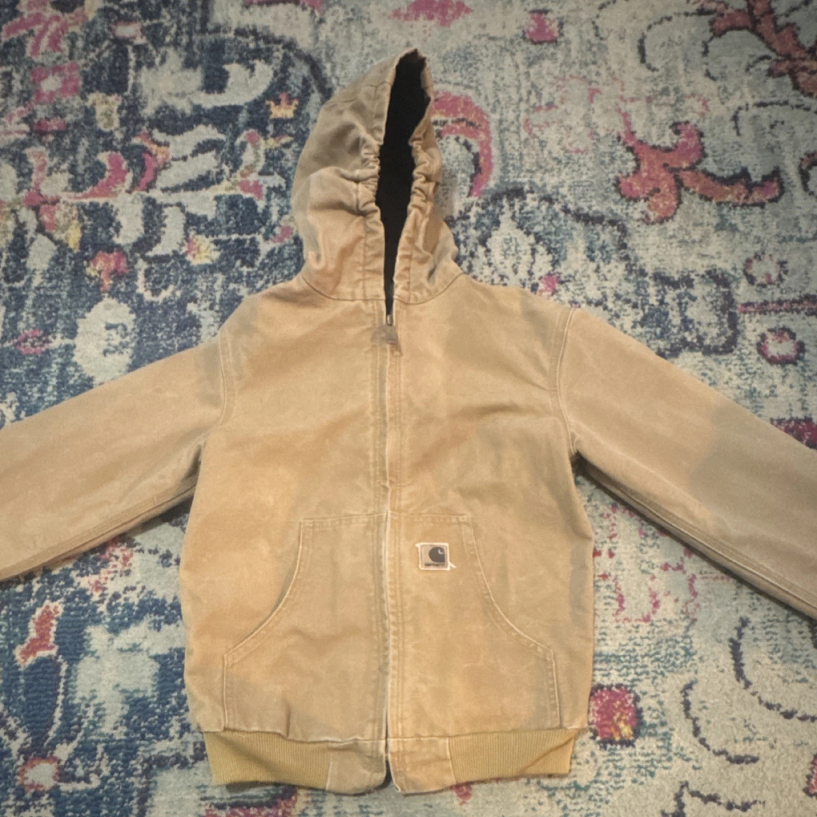 Carhartt Unisex Kids Hooded Beige Canvas Jacket M (10/12) Lined Zip duck jacket