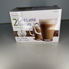 New boxed 2 Latte Glasses Cappuccino Hot Chocolate Glass  Coffee Cups Mugs - 