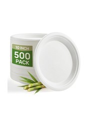 10 Inch Bulk Compostable Sugarcane Plates 500 Pack, White  100 FSC Certifie...