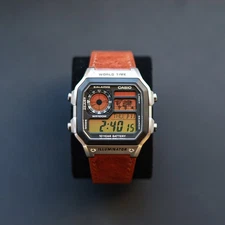 CASIO AE1200 Illuminator Watch With Sunset Colour Gradient & Brown Leather Strap