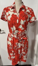 Ann Taylor Red Floral Shirt Dress Belted Short Sleeve Lightweight Small
