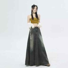 Gonna Donna Ginocchio Elegante Lunga In Jeans Denim Scura Caviglie 00711