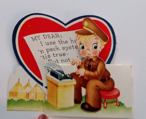 Vintage Valentine Army Boy Typewriter Peck WW2 Era Die Cut Greeting Card 1940s - Picture 1 of 3