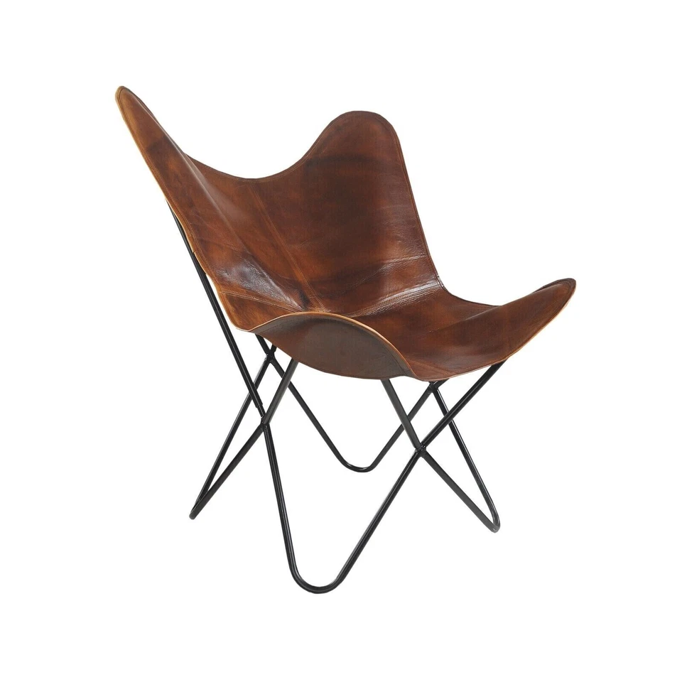 Modern Genuine Sling Brown Leather Butterfly Chair With Folding Iron Frame - Image 2 of 4