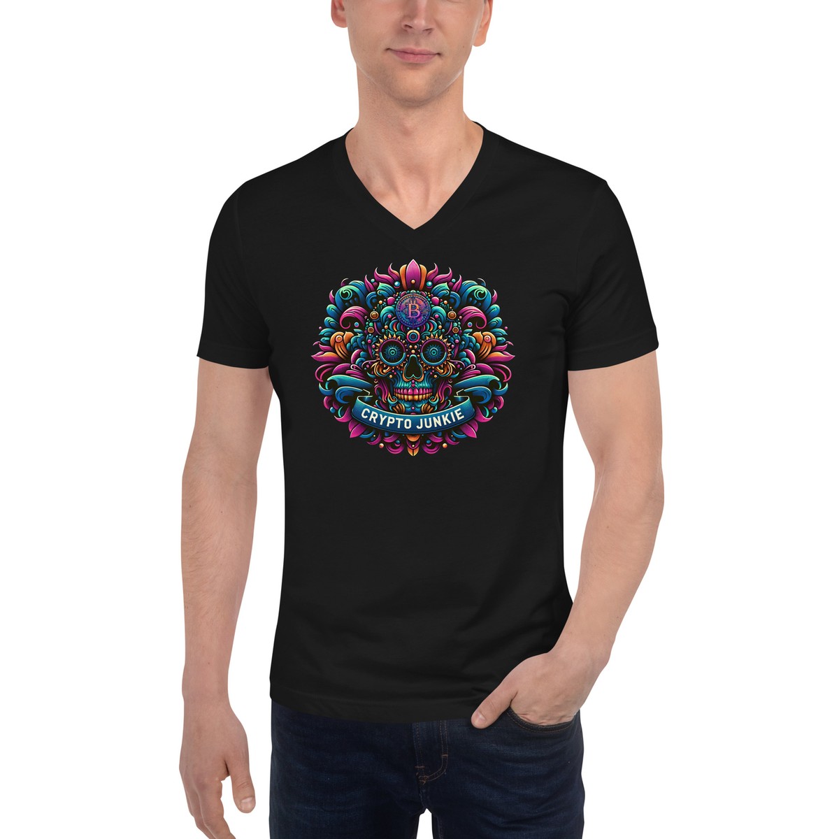 Crypto Mexican Sugar Skull Bitcoin Digital Asset Short Sleeve V-Neck  T-Shirt | eBay