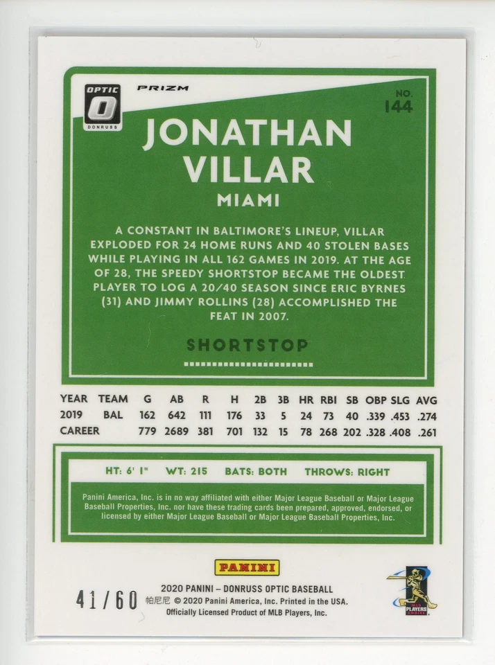 2020 Donruss Optic Red #144 Jonathan Villar Marlins /60 - Image 2 of 3