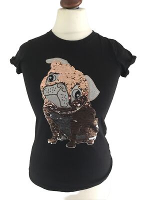FB Sister T-Shirt Pug Black XS Sequin Short Sleeve Dog