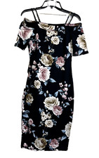 Haute Monde Women's Dress Off Shoulder Straps Stretch Black Floral Bodycon Med