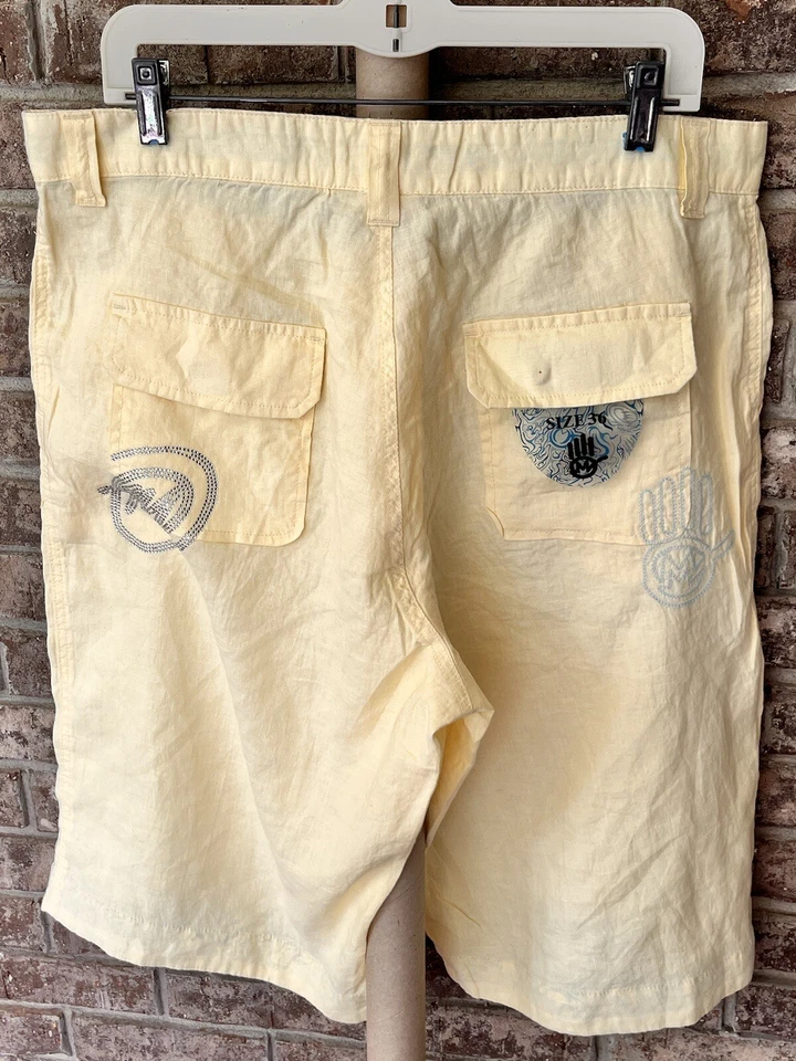 Pantalones Cortos Miskeen Originals Amarillo Lino Largo Amarillo Talla 36 Bordados Deslumbrantes Foto 2 de 4
