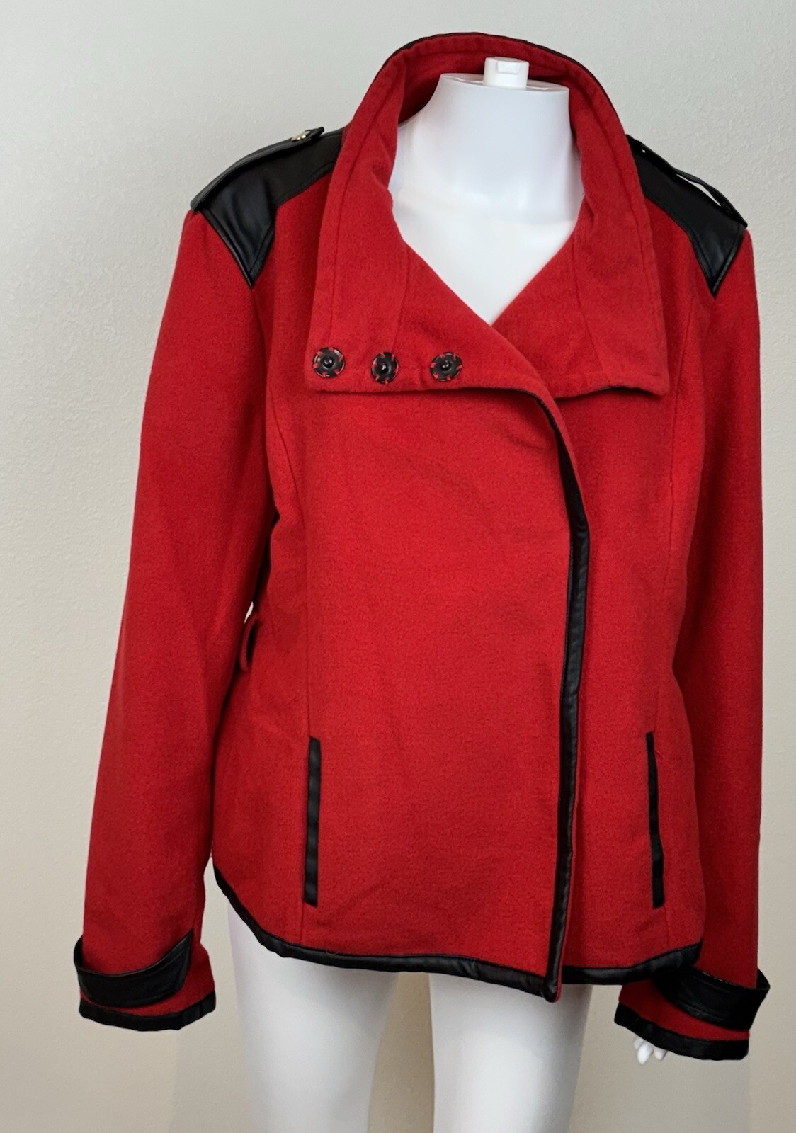 Bebe Red Wool & Black Faux Leather Jacket Womens XL Motorcycle Retro Y2K 90's