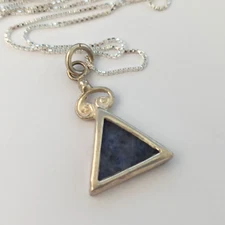 VTG Silver Triangle Pendant Necklace Natural Blue Stone Artisan Modernist Boho