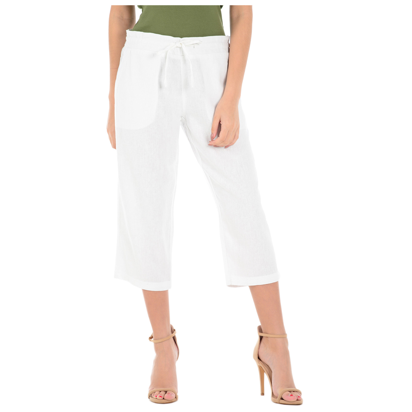 LADIES LINEN 3 QUARTER TROUSER WOMEN CROPPED 3/4 PANTS SUMMER RELAXED