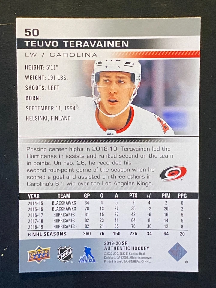 Teuvo Teravainen 2019-20 Upper Deck SP Authentic #50 Carolina Hurricanes - Image 2 of 2