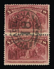 GENUINE SCOTT #236 USED PAIR 8¢ COLUMBIAN ISSUE DUAL OVAL PHILADELPHIA 18 CANCEL