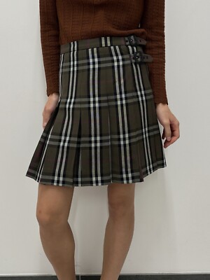 Burberry London Wool Nova Check Wrap Buckled Mini Skirt Pleated