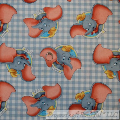 BonEful FABRIC FQ Cotton Quilt Gray White Gingham Check DUMBO Elephant Movie Kid