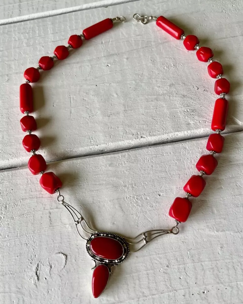 925 Sterling Silver Genuine Red Coral Beaded Necklace 20