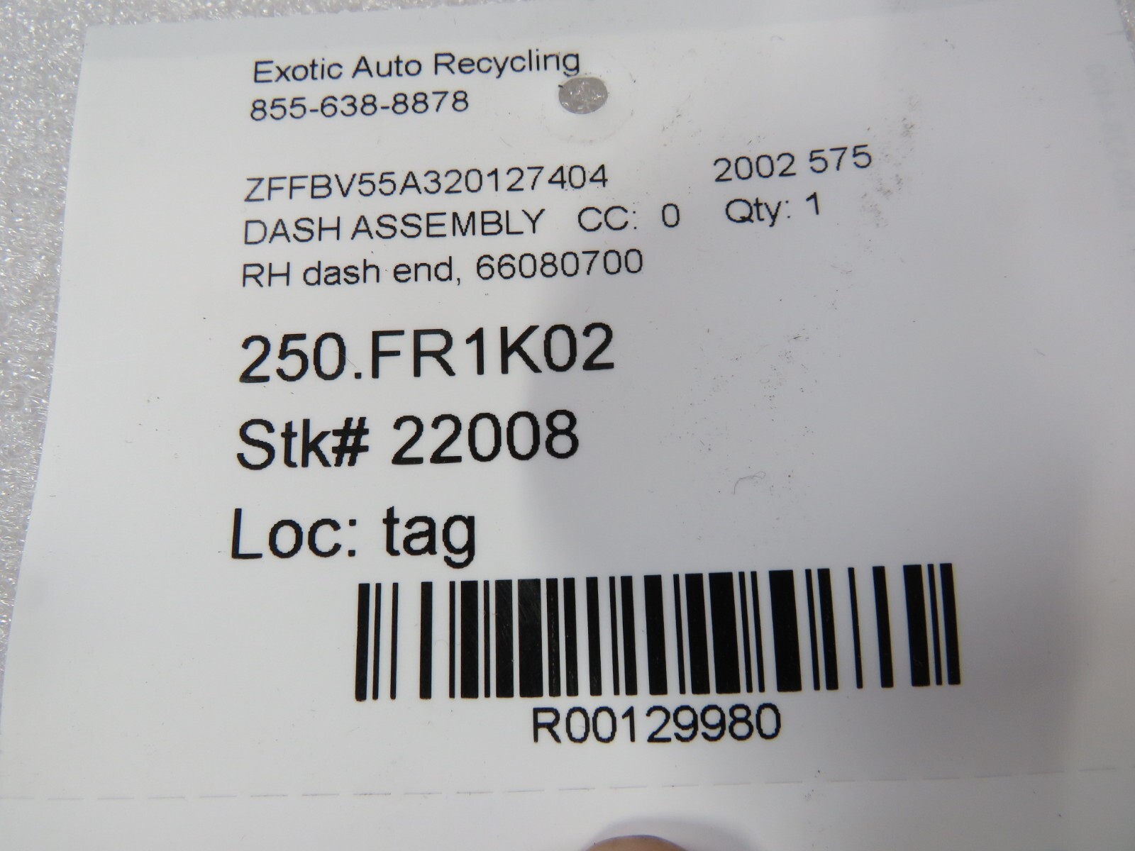 Ferrari 575, RH, Right, Dash End, Used, P/N 66080700