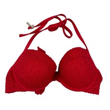 AERIE Brooke Red/Coral Bikini Halter Top Lace Eyelit Padded Underwire Size 36C