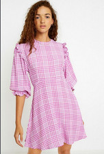 FAITHFULL THE BRAND Pink/White Gingham Ruffle Puff Sleeve A-Line Dress S