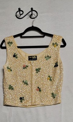 Vintage Sequin And Beaded Floral Trim Zip Up Tank Top Size S