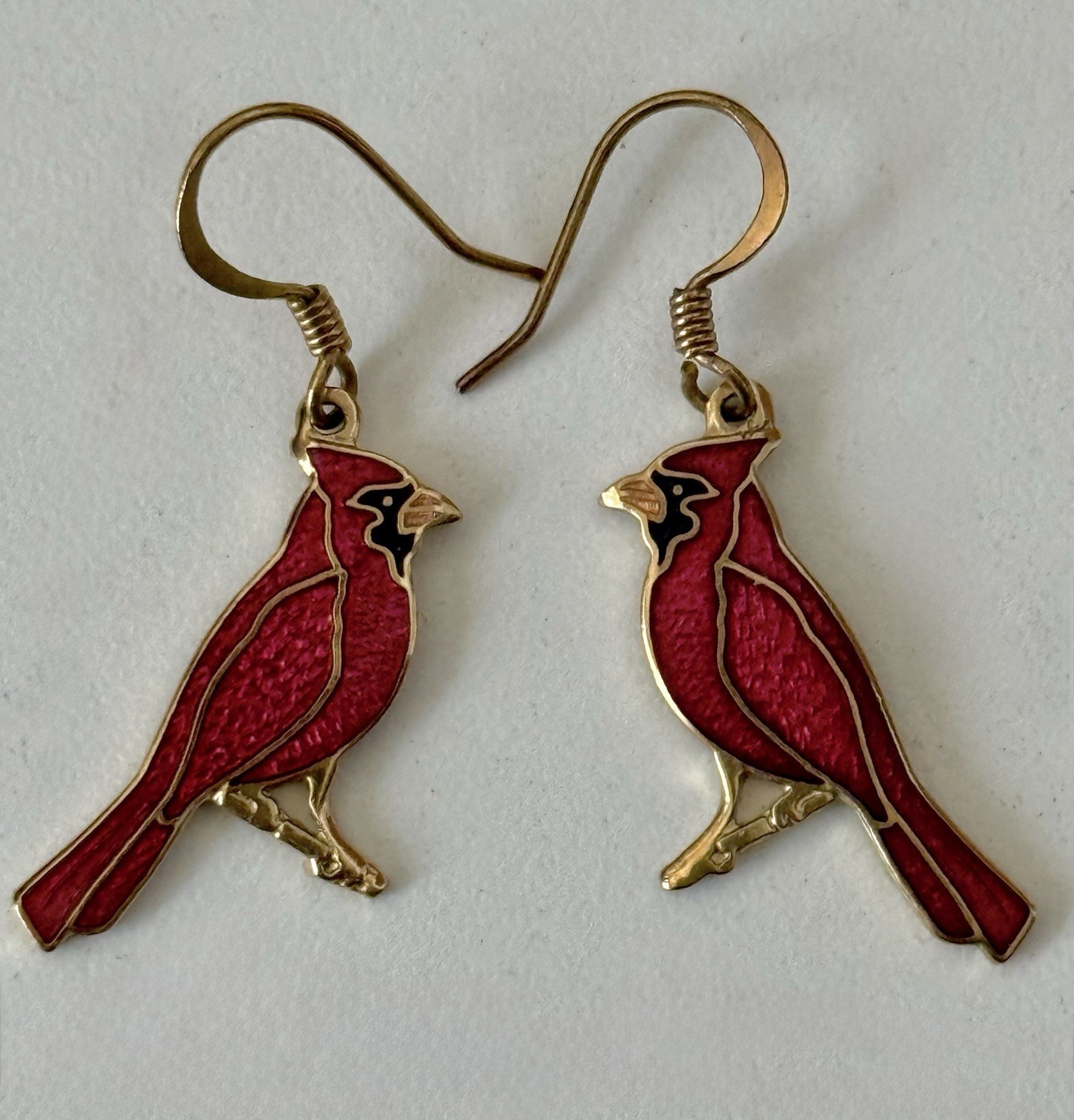 Vintage Cloisonné Enamel Red Cardinal Bird Dangle Earrings