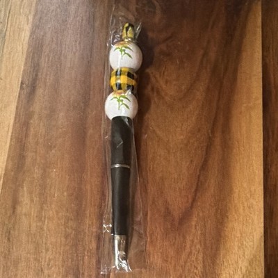 Bee Beaded Pen Black Ballpoint Biro with Decorative Beads Bee/Flower Design